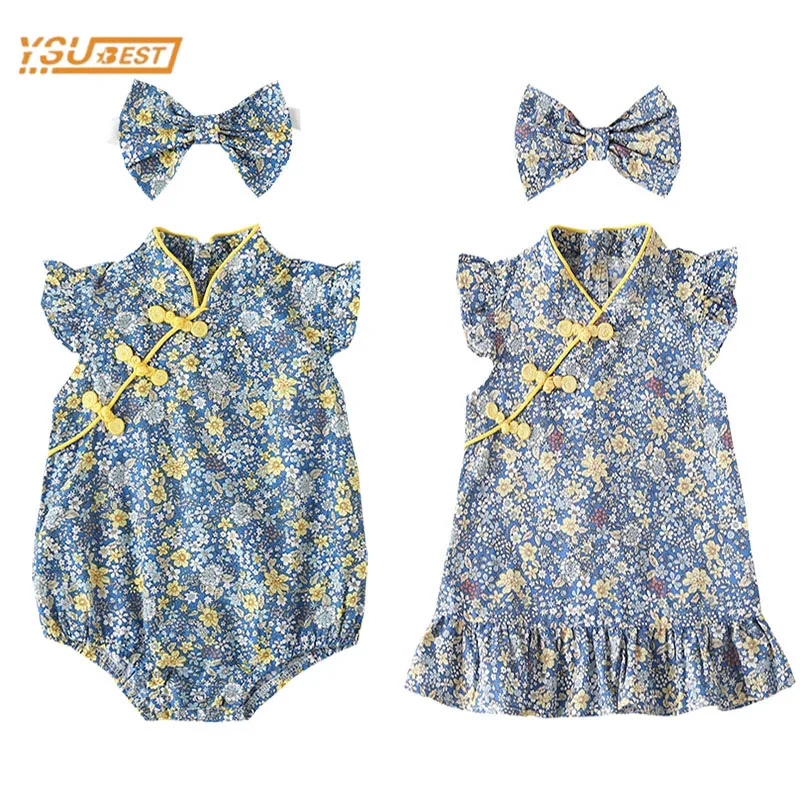 

Newborn Baby Girl Sleeveless Sister Cheongsam Printing Rompers Toddler Jumpsuit Summer Infant Baby Girls Children Outfit Rompers