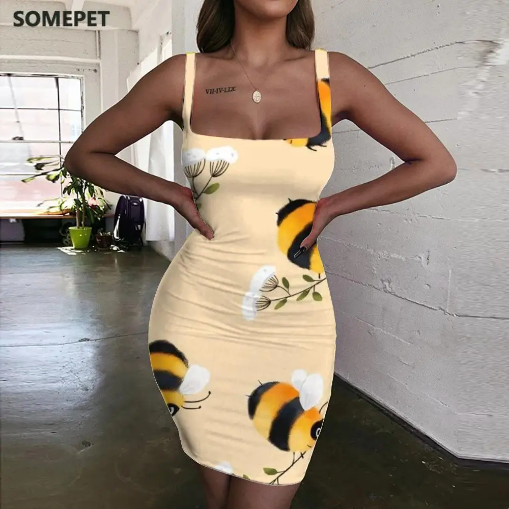 

SOMEPET Bee Dresses Women Animal Bodycon Dress Flower Sundress Lovely 3d Print Womens Clothing Mini Evening Beach Beach Femme
