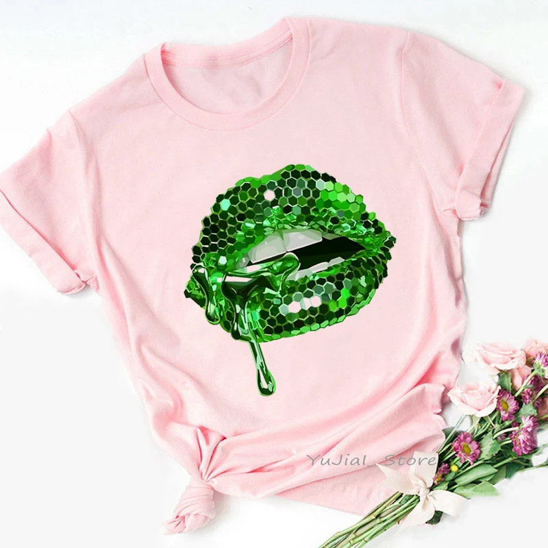 2024 heißer Verkauf Schwarz T Shirt Frauen Rosa Glitter Lippen Grafik Druck T-shirt Femme Luxuriöse Make-Up Sexy T-Shirt Haut Femme – Detail 5