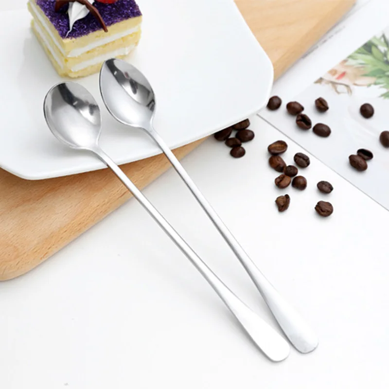 Cucharas redondas de mango largo, cuchara de café de acero inoxidable, postre, mezcla de cocina, cuchara de ensalada, tenedor cuchara manteles