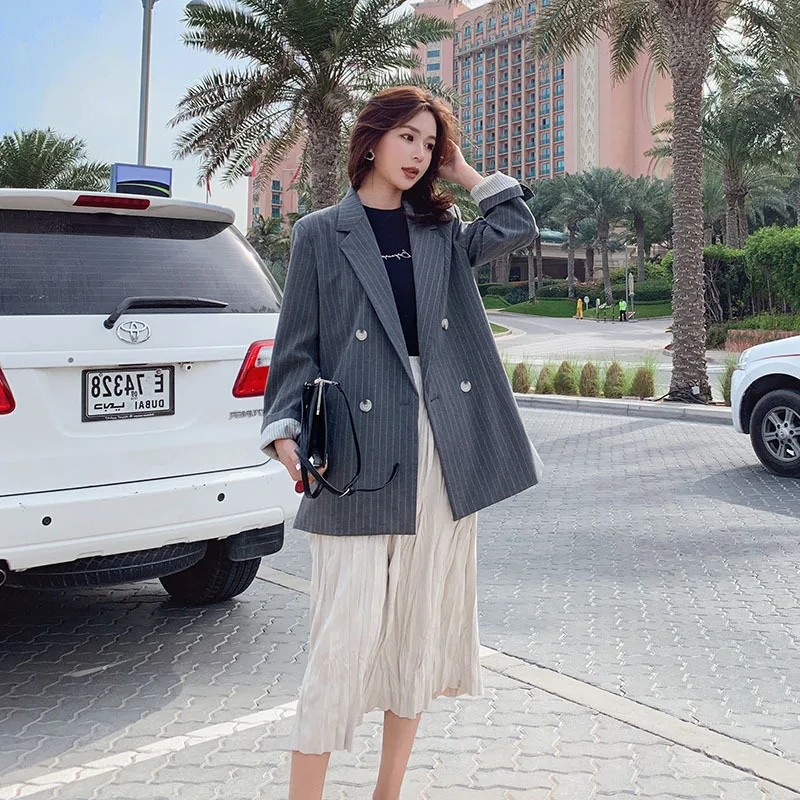 

Photo Shoot Korean-Style CHIC Elegant Ol Gray Stripes Slit-Mid-length Loose-Fit Double Breasted Small Suit Coat Women's