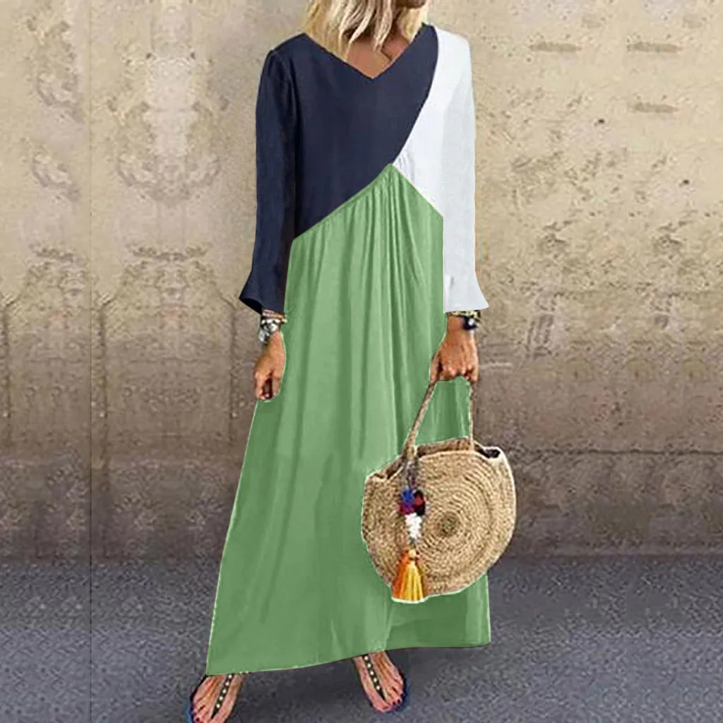 Boho Chic Plus Size Maxi Long Dress Women Casual Loose Color Block Dress Patchwork Short Sleeve Beach Summer Dresses Women