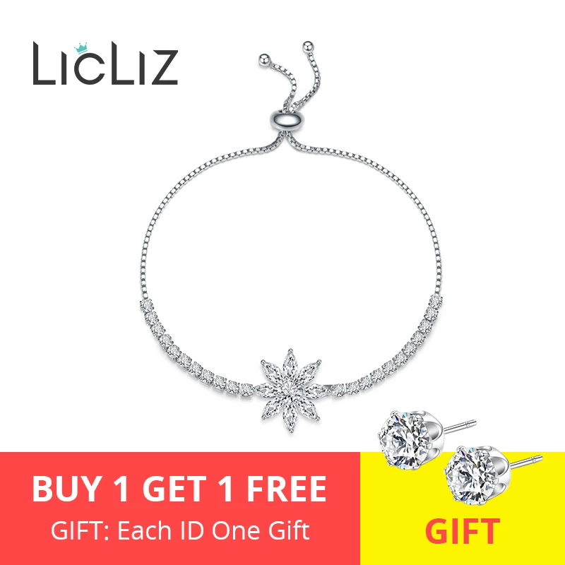 LicLiz,, модный Уникальный большой цветок, браслет с подвеской Регулируемый для женщин, маркиза, циркон, белое золото, коробка, цепочка, ювелирное изделие, LUB0211