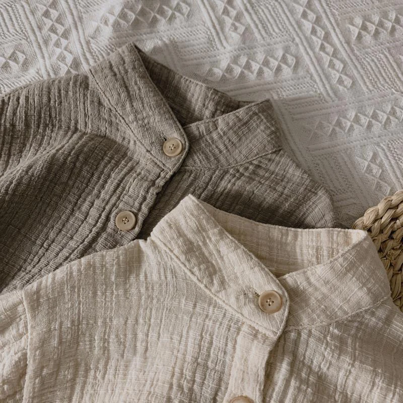 Children's Retro Muslin 100% Cotton Shirts Spring Autumn New Korean Boys And Girls Casual Stand-Up Collar Button Tops WT042