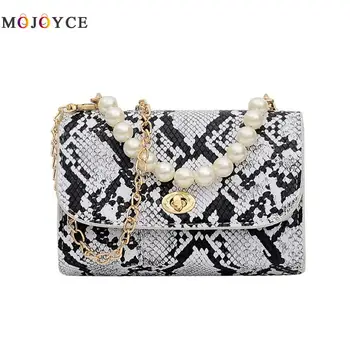 

Fashion Ladies Pearls Decor Snake Print Shoulder Bag Handbags Fashion Serpentine PU Leather Chain Crossbody Bags for Women