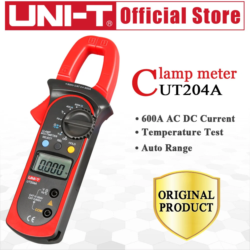 UNI-T UT204A 600A AC DC Цифровые токовые клещи с Температура Тесты автоматически настраивающийся диапазон 600V непрерывность электрического напряжения зуммер