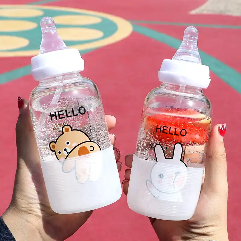 Mignon Sucette Bouteille D Eau En Verre Avec Paille Personnalite Creative Adulte Bebe Mamelon Bouteille Portable Tasse Bouteilles D Eau Pour Les Filles Aliexpress