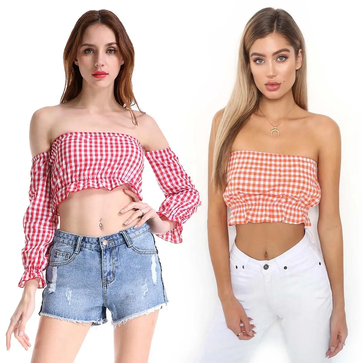 

2019 Square Plaid off-the-shoulder ultra-short sexy long-sleeved T-shirt word collar tutu women's Summer Tops