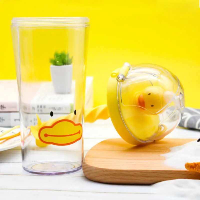 Креативная маленькая Желтая утка, чашка для смешивания, спиральная соломинка, милые Мультяшные кружки, портативная чашка для чая, пластиковые бутылки для воды