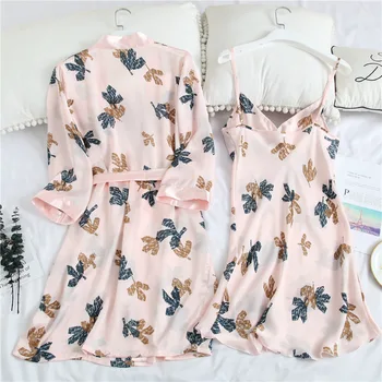 

2020 summer nightgown for women sexy silk sling pajamas robe 2 pieces floral printed homewear sleepwear robe female homewear