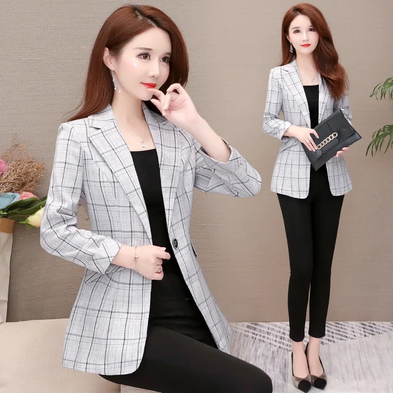 

2019 Autumn And Winter New Style WOMEN'S Dress Casual Slim Fit One-Button V-neck Suit Jacket Fashion Plaid British Style