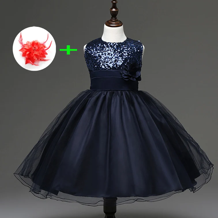 Короткие свадебные платья для детей ясельного возраста; праздничное платье принцессы без рукавов с блестками; Темно-Синие Платья с цветочным узором для девочек 11 лет