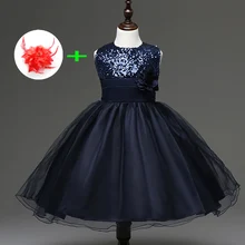 Короткие свадебные платья для детей ясельного возраста; праздничное платье принцессы без рукавов с блестками; Темно-Синие Платья с цветочным узором для девочек 11 лет