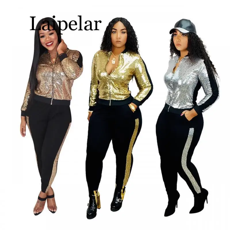 

2019 Autumn Design High Street Plus Size 2 pcs Women Set 4 Color Sequins O-Neck Tops Long Pants Tracksuits