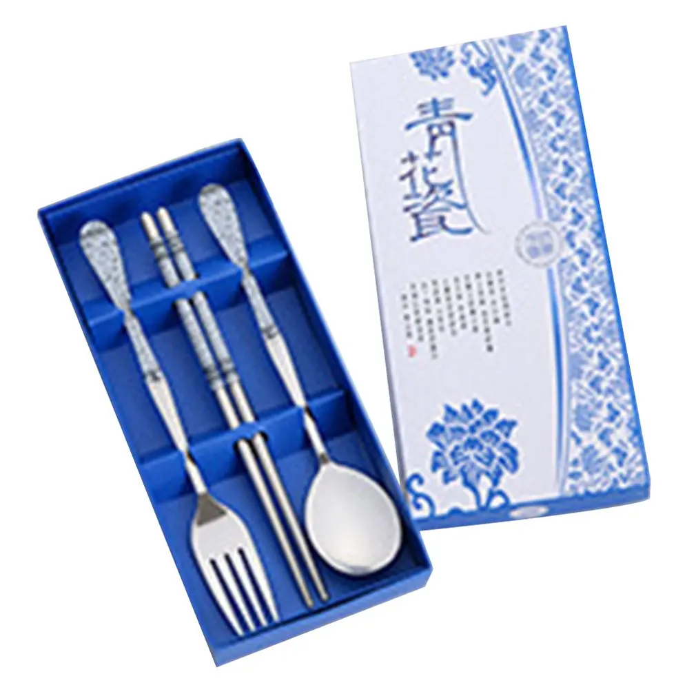 

Portable Cute Dinnerware Set Stainless Steel Tableware Suit Traditional Chopsticks Spoon Fork With Travel Box