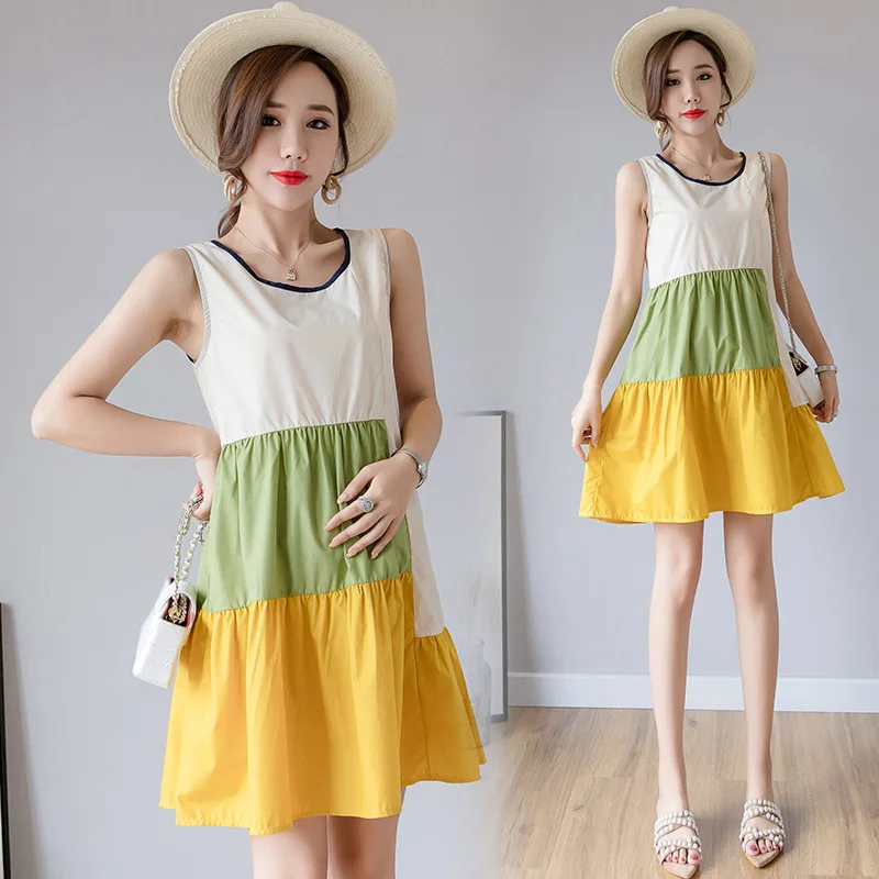 

Maternity Clothes 2019 Summer New Style Korean-style Fashion Joint Contrast Color Sleeveless Vest Loose-Fit Pregnant Women Dress