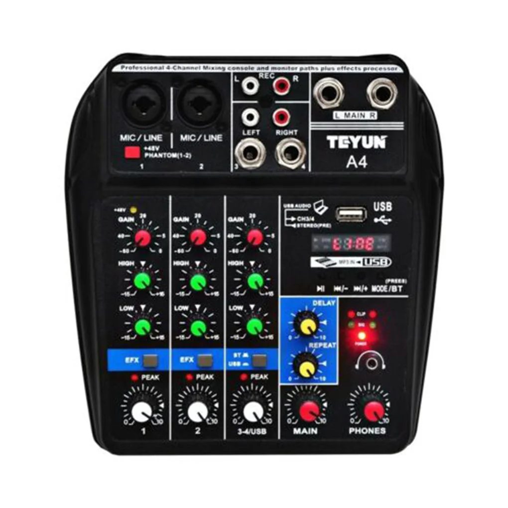 

4 Channels Audio Mixer Sound Mixing Console Bluetooth Record Stage Meeting Live Broadcast Suppplies EU/US Plug
