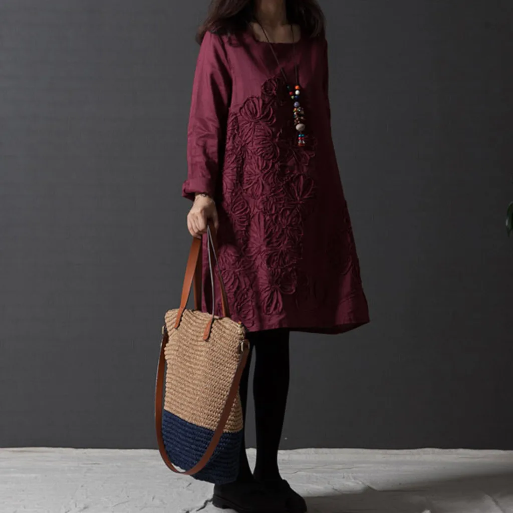 Vestidos, платье размера плюс, женское платье размера плюс, однотонное, с карманами, с вышивкой, льняное, с длинным рукавом, свободное, зимнее платье, ropa mujer sukienki