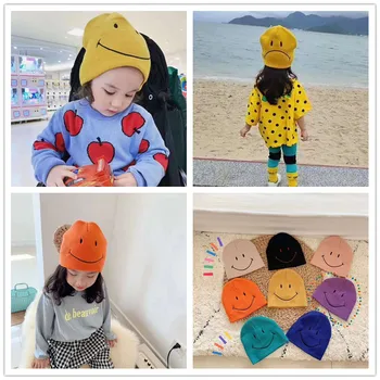 

2019 Autumn Winter New Baby Children Boys Girls Hat Comfortable Casual Warm Solid Color Smile Printed High Quality Elastic Hat