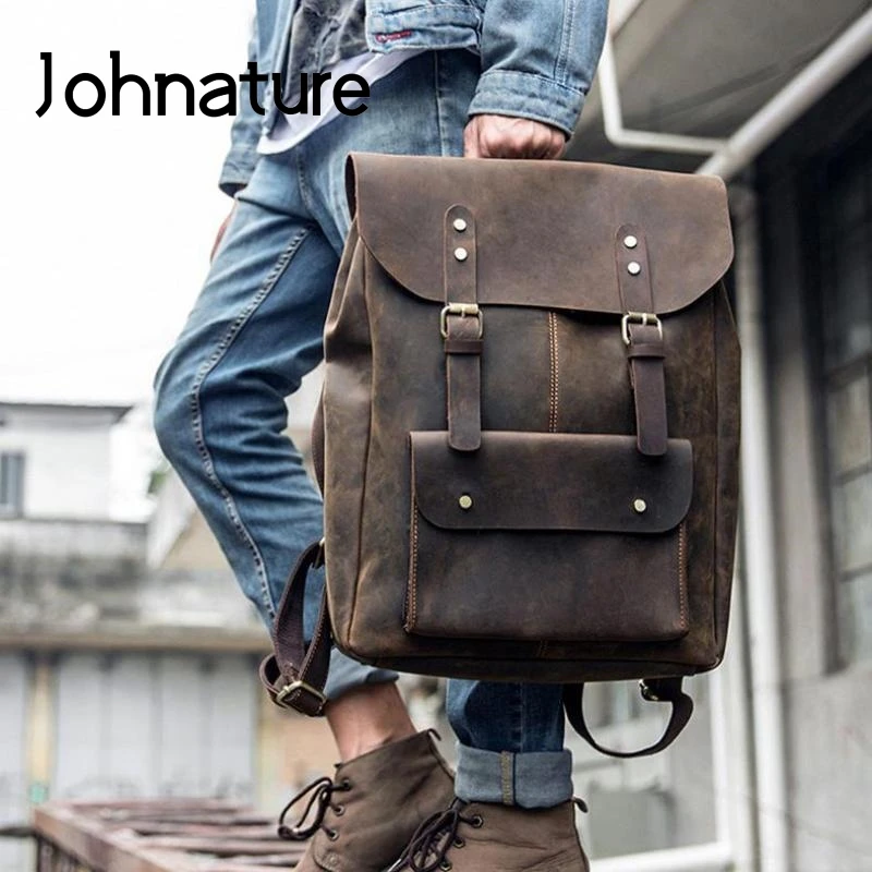 Мужской рюкзак из кожи Крейзи Хорс Johnature вместительный винтажный дорожный для