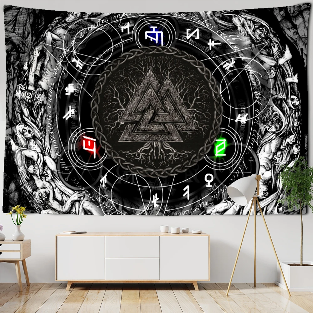 Vikings Tapestry Wall Hanging Tapestries Decor For Living Room Tarot Sun Moon Raven Mysterious Meditation Psychedelic Runes Art