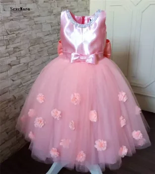 

SexeMara Real Pictures Red Puffy Tulle 3D Flowers Baby Girls Clothes O Neck Long Kids Birthday Dress Pageant Party Gown with Bow