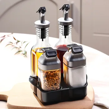 

Kitchen Glass Seasoning Jars Box Species Rotating Cruet Jar Set Organizer Rack Bacon Pepper Salt Transparent Seasoning Storage
