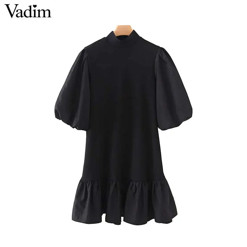 

Vadim women elegant office wear mini dress short lantern sleeve female casual chic black dresses solid summer vestidos QD048