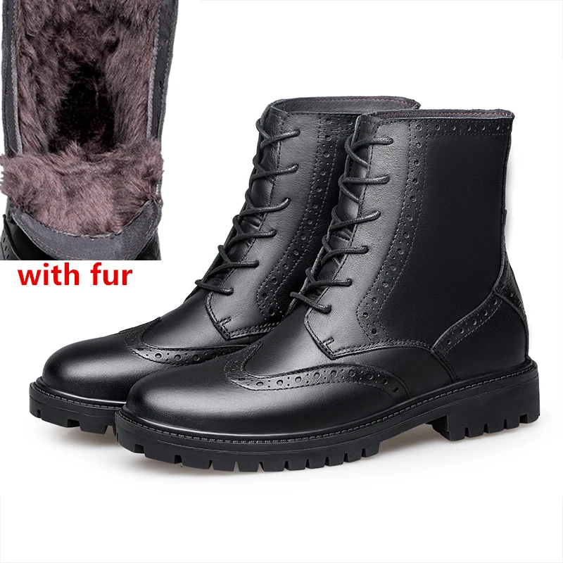 black fur Мужские ботинки «Челси» водонепроницаемые ботильоны без шнуровки Модные мужские плюшевые зимние ботинки с перфорацией типа «броги» обувь из натуральной кожи большой размер 48 o4 - Цвет: black fur