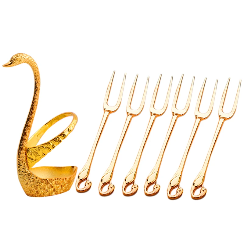 

Swan Base Holder Fruit Forks Set Stainless Steel Salad Dessert Forks Spoon Coffee Cake Tools Tableware-