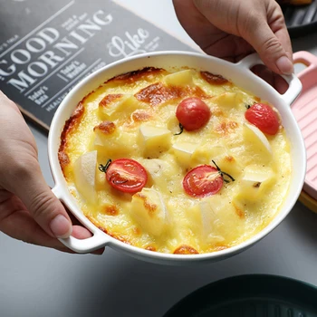 

Round Binaural Ceramic Flat Plates Kitchen Snack Tray Solid Color ceramic dishes Oven Baking Tray Simple and Creative Dessert
