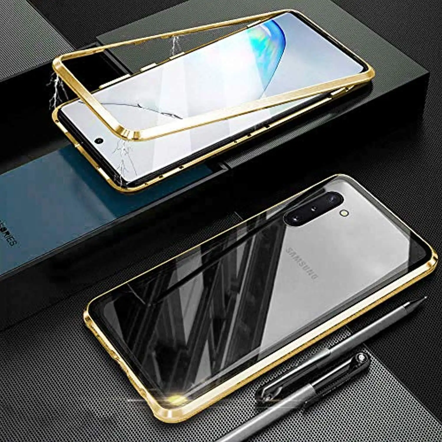 Gold 360 Магнитная Адсорбция металлический алюминиевый бампер 9H закаленное стекло Чехлы для samsung Galaxy Note 10 Plus Note 10+ S10 S9 чехол - Цвет: Gold