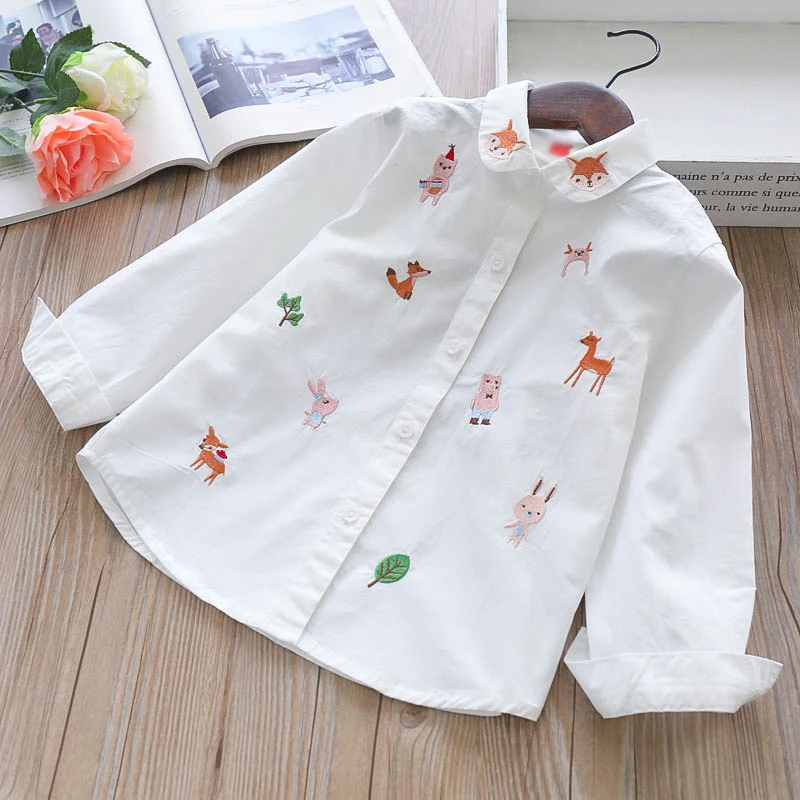100% cotton White Girls Blouses Long Sleeve Autumn Kids Clothes Girls 8 10 12 Cartoon Fox Embroidery Tops School Shirts