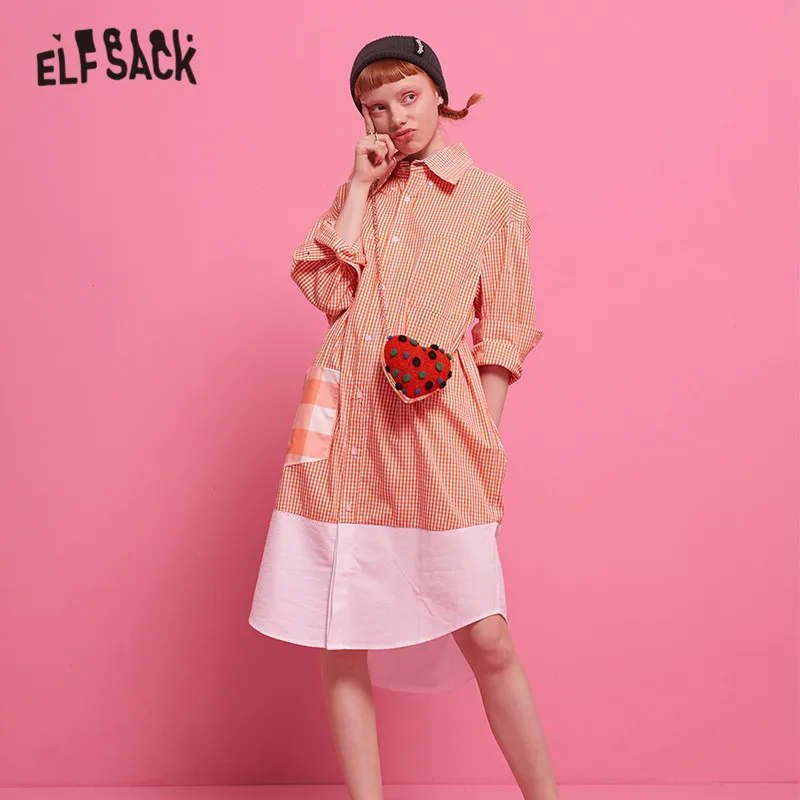 ELFSACK, оранжевое клетчатое платье с карманами, женское платье с цветными блоками, осень, женские повседневные платья с пуговицами спереди и половинным рукавом