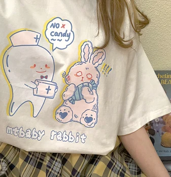

Japanese 3 Colors Short sleeve Loose T-shirt Teen Girls Student Summer Rabbit Print Cartoon Casual pullover Tops College style