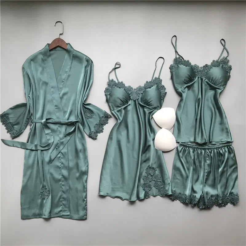 

Sleep Set Faux Silk Leopard pattern Robe Sexy Women's Robe & Gown Sets Lace Bathrobe + Night Dress 4 Four Pieces Sleepwear