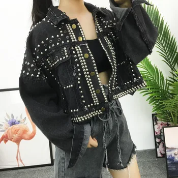 

Coat Woman European Goods Autumn Cowboy Loose Diamond Rivet Short Sleeve Heavy Locomotive Jacket