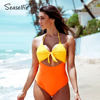 

SEASELFIE Sexy Citrus Cooler Halter One-Piece Swimsuit Women Open Back Cut Out Monokini 2020 Beach Bathing Suit Swimwear
