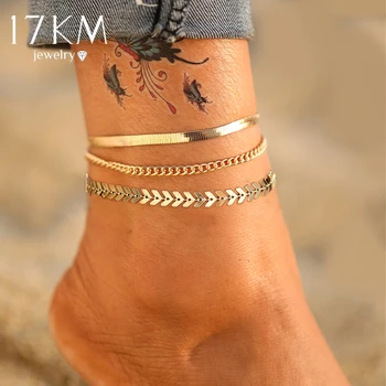 17KM Fashion Gold Multilayer Snake Chain Anklets Women Beads Anklet Leg Chain Ankle Bracelets Beach Foot Jewelry Accessories