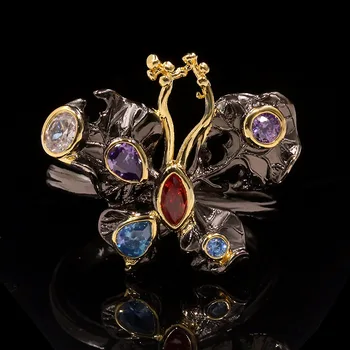 

POFUNUO Exquisite Antique 925 Silver Ruby Wedding Ring Women's Cute Butterfly Black Gold Cocktail Party Ladies Ring High Jewelry