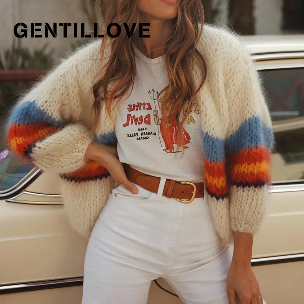 

Gentillove 2019 Women Autumn Cardigan Chic Loose Striped Knitted Sweater Coat Female Fashionable Knitting Oversized Cardigan