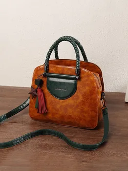 

Spring and Summer Contrasting Color New Retro Oil Wax Hand Carrying and Shoulder Carrying Aslant round Multi-Layer Women's Bag