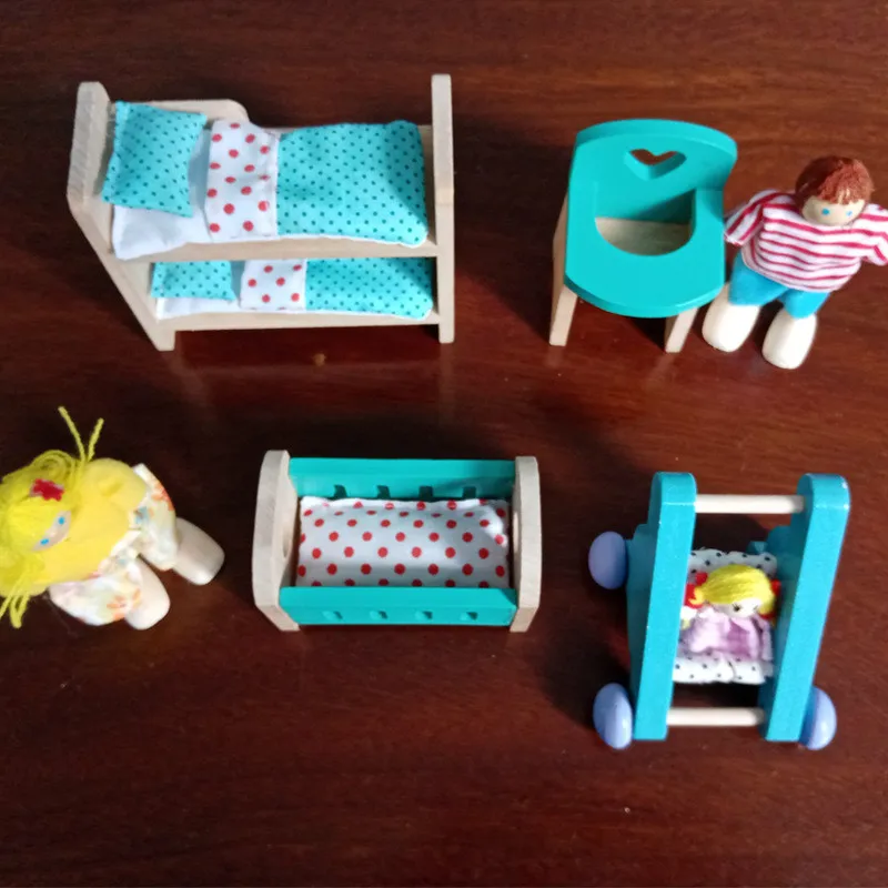 Wooden Dollhouse Colorful Miniature Furniture Set With Dolls Education House Play Toys For Kids Christmas Gifts 4