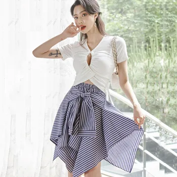 

Korean New Two Piece Set Women Elegant Hollow Out Knitted Crop Top + Stripe Bow A-line Skirt Set Suit Office Wear Ensemble Femme
