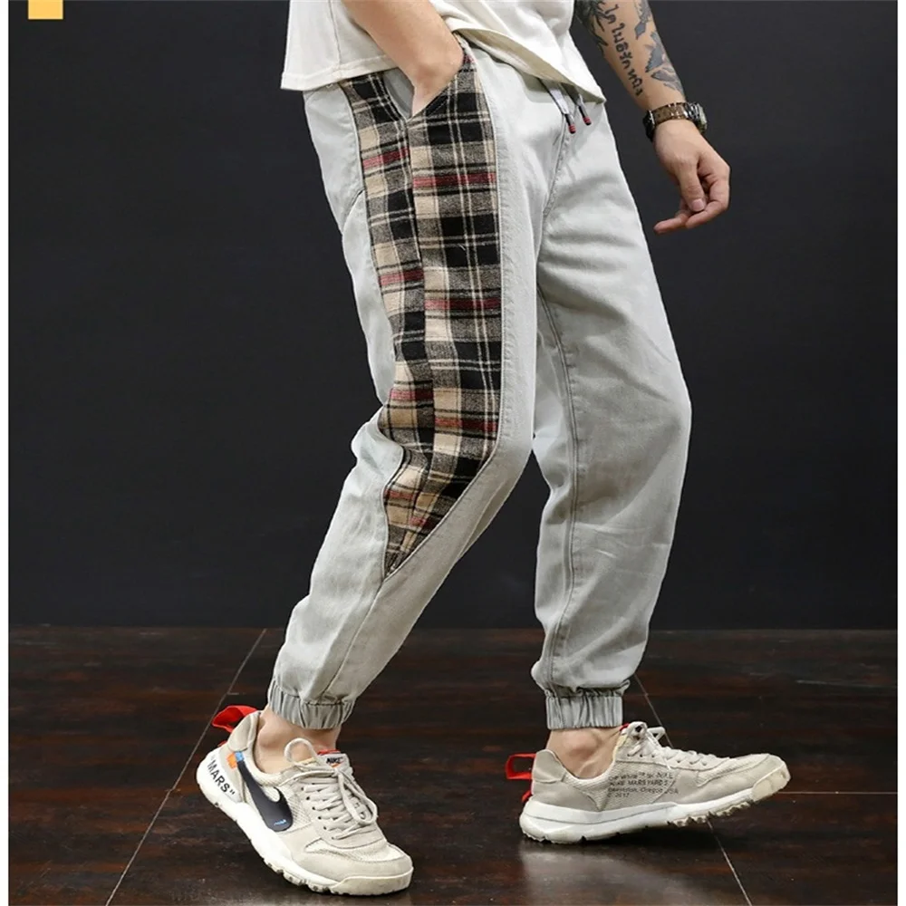 EH·MD® Checkered Fabric Stitching Jeans Men's Drawstring Waist Elastic Youth Soft Cotton Slim Fit Feet Elastic Harem Pants Loose