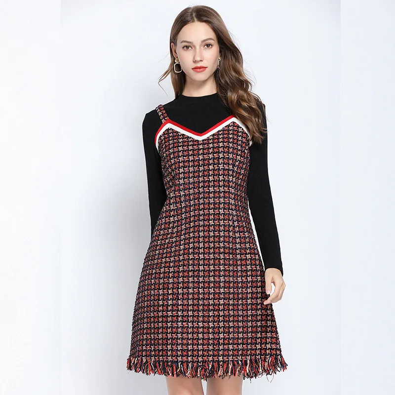 

Fabric Dresses Autumn and Winter New Fat MM Fashion Large Size Women's Knitted Stitching Checker Fake Two Retro s