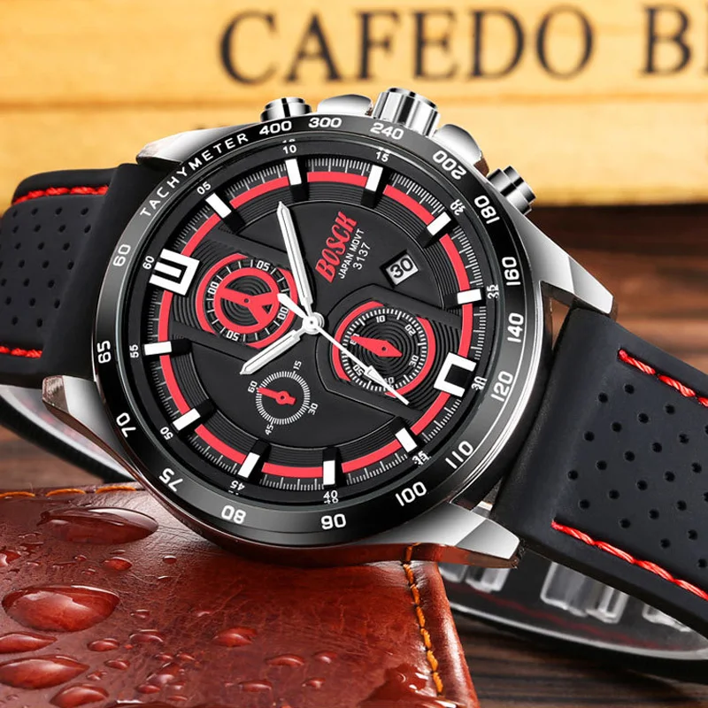 

BOSCK Mens Sport Watches Top Brand Luxury Chronograph Date Watch Men Quatz Male Clock Leather Strap 30m Waterproof Wrist Watches