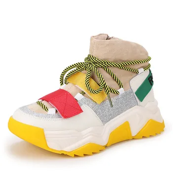 

Winter High Genuine Leather Women's Boots New Platform Women's Shoes 2019 Fashion Color Lace Design Sports Warm Casual Booties