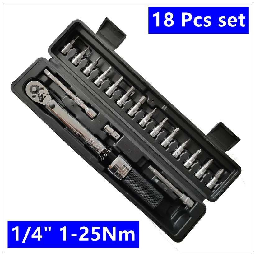 18 Pcs Set 1 -25Nm MXITA 1/4 дюйма 1-25NM нажмите ключ с регулируемым крутящим моментом набор инструментов для ремонта велосипеда гаечный ключ набор ручных инструментов - Color: 18 Pcs Set 1 -25Nm
