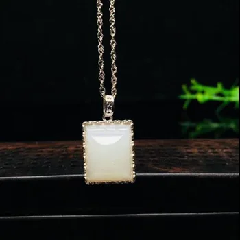 

Natural Hetian 925 Sterling Silver White Jade Rectangle Shape Pendant For Women Party Gift Fine Jewelry Christmas Gift